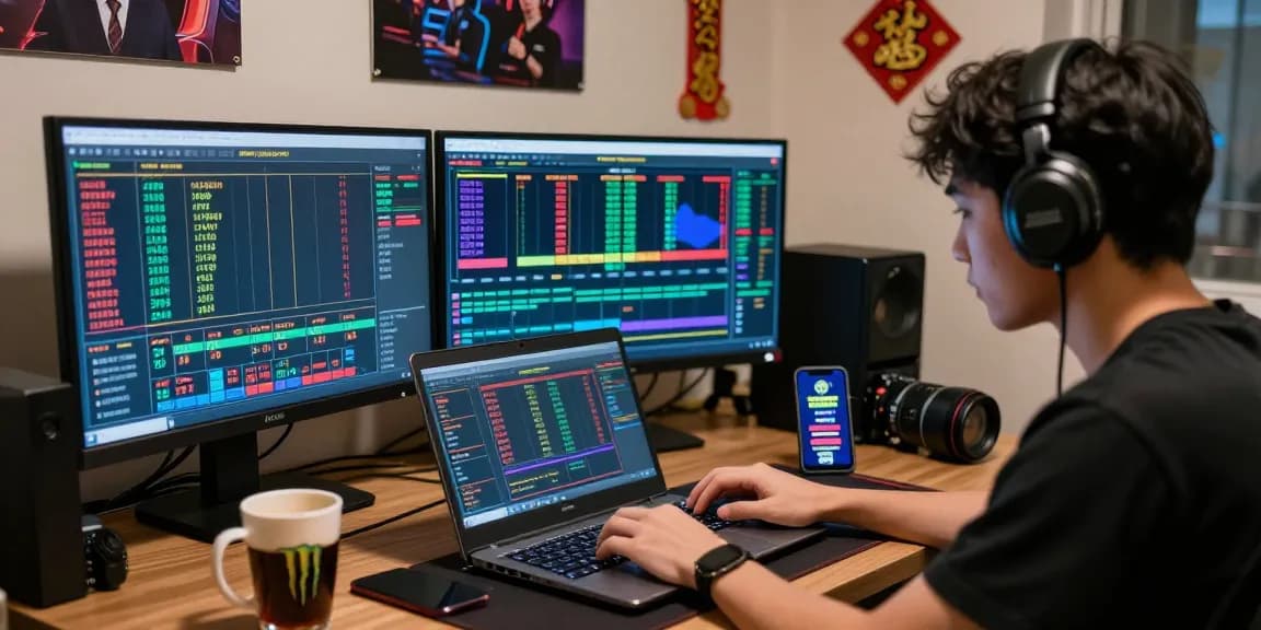 使用PC28预测的用户在电脑前专注于实时数据分析与预测，环境中有多彩走势图和策略图表。