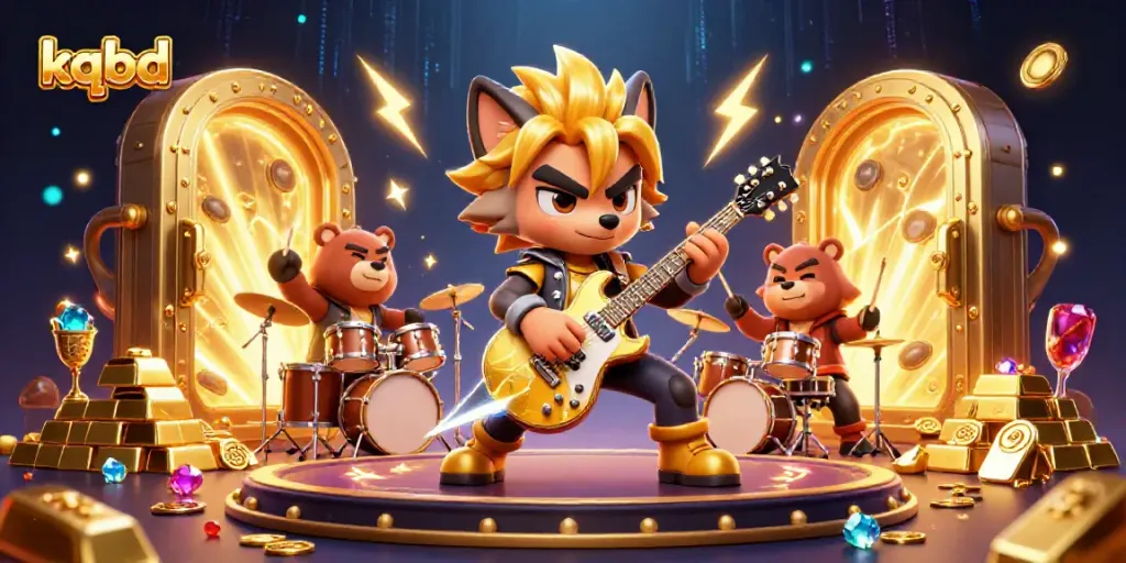 kqbd delivers dynamic 3D action featuring rock star wolf and drummer bear on a casino stage.