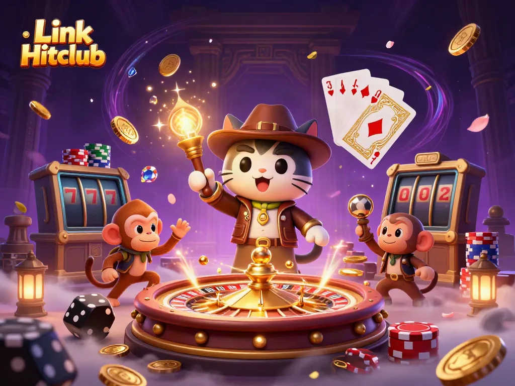 Engage with Link Hitclub in a vivid scene of a cartoon archaeologist cat and monkey companion uncovering casino treasures.