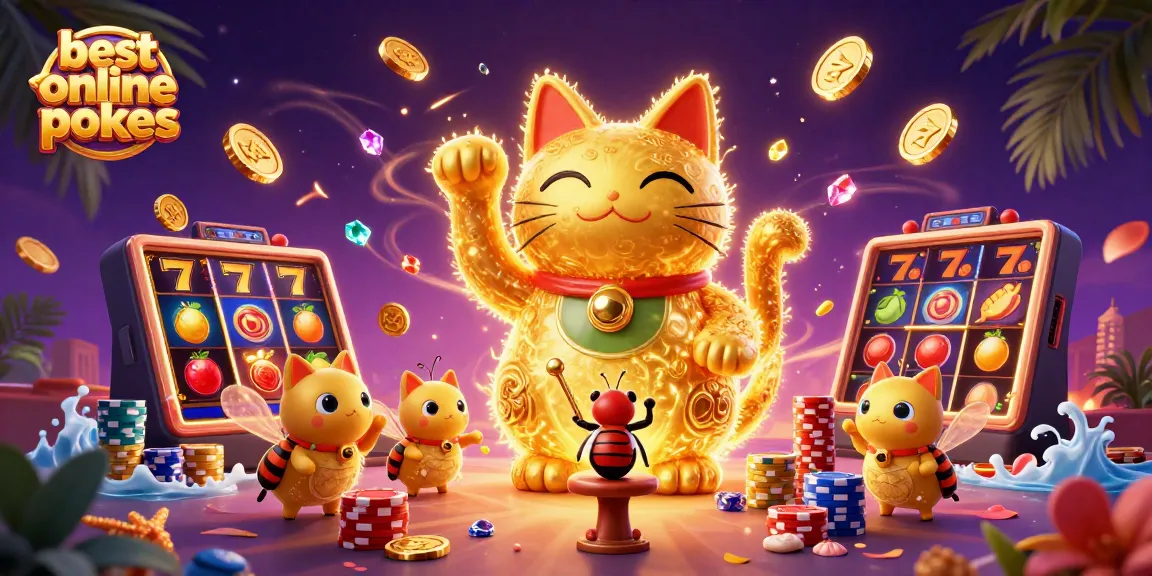 Experience the best online pokies with a vibrant illustration of a lucky cat surrounded by slot machine reels and casino symbols.