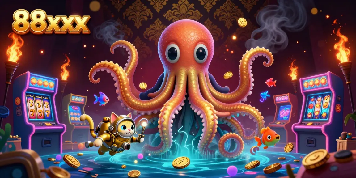 Engage with the thrilling world of casino games featuring 88xx's dynamic 3D illustration of a colossal kraken and retro arcade elements.