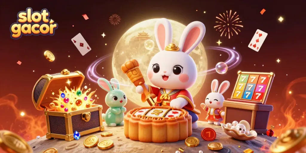 Engage in slot gacor excitement with rich visuals of moon rabbits and neon casino elements.