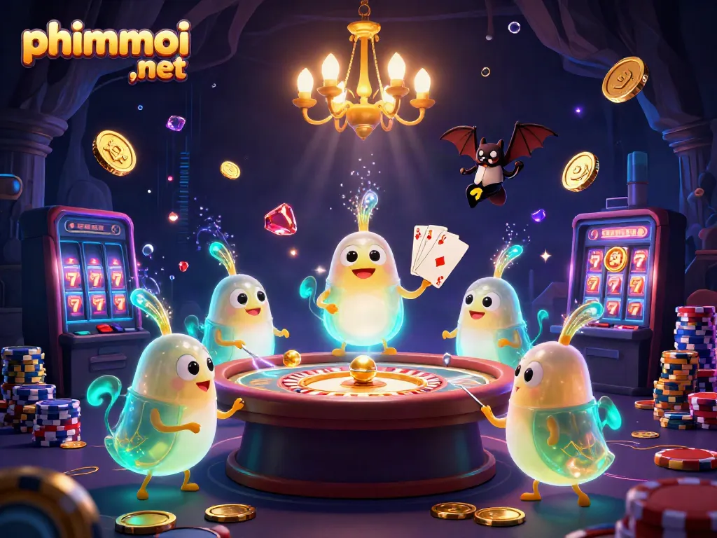 Experience the lively "phimmoi ,net" casino scene with glowing glowworms and colorful gaming elements.