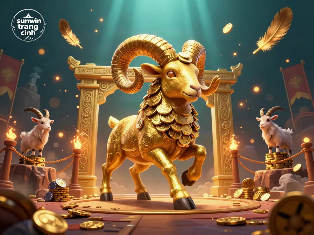 Experience action at sunwin trang chính with a charging golden ram in a vibrant casino arena, surrounded by cheering goats.