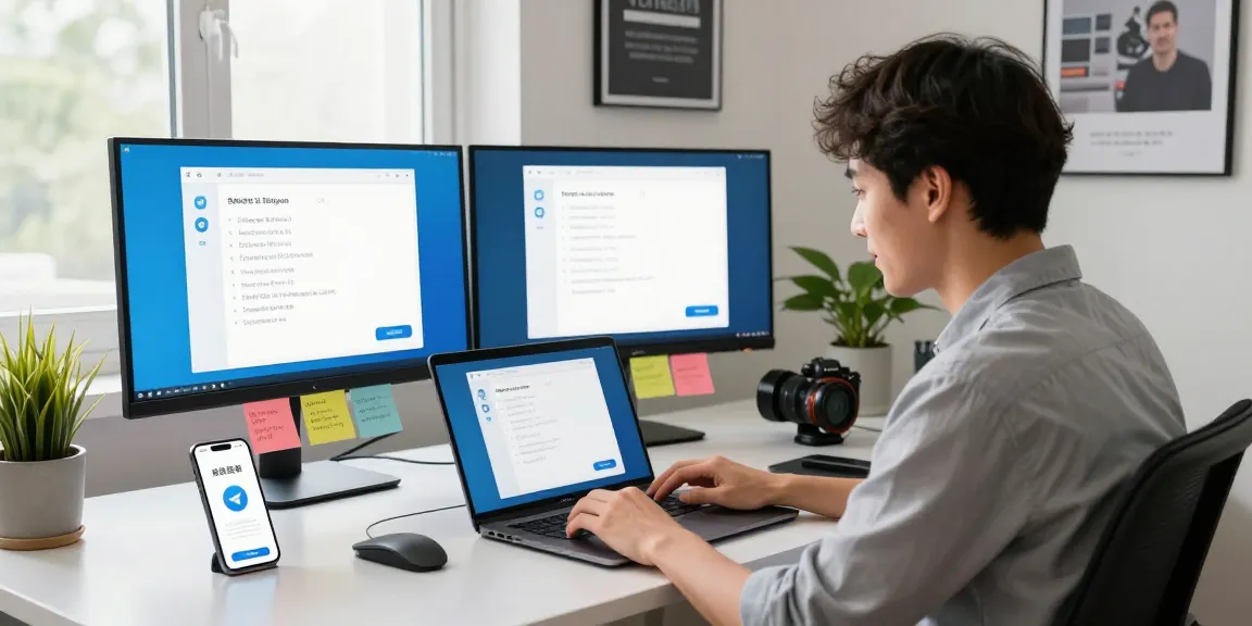 A user configuring the Telegram Chinese version on a laptop in a modern workspace.