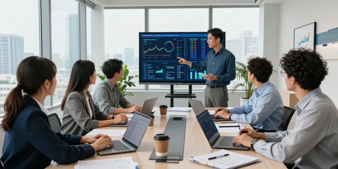 Professionnels de la banque collaborant sur des solutions de Digital banking dans un bureau moderne.
