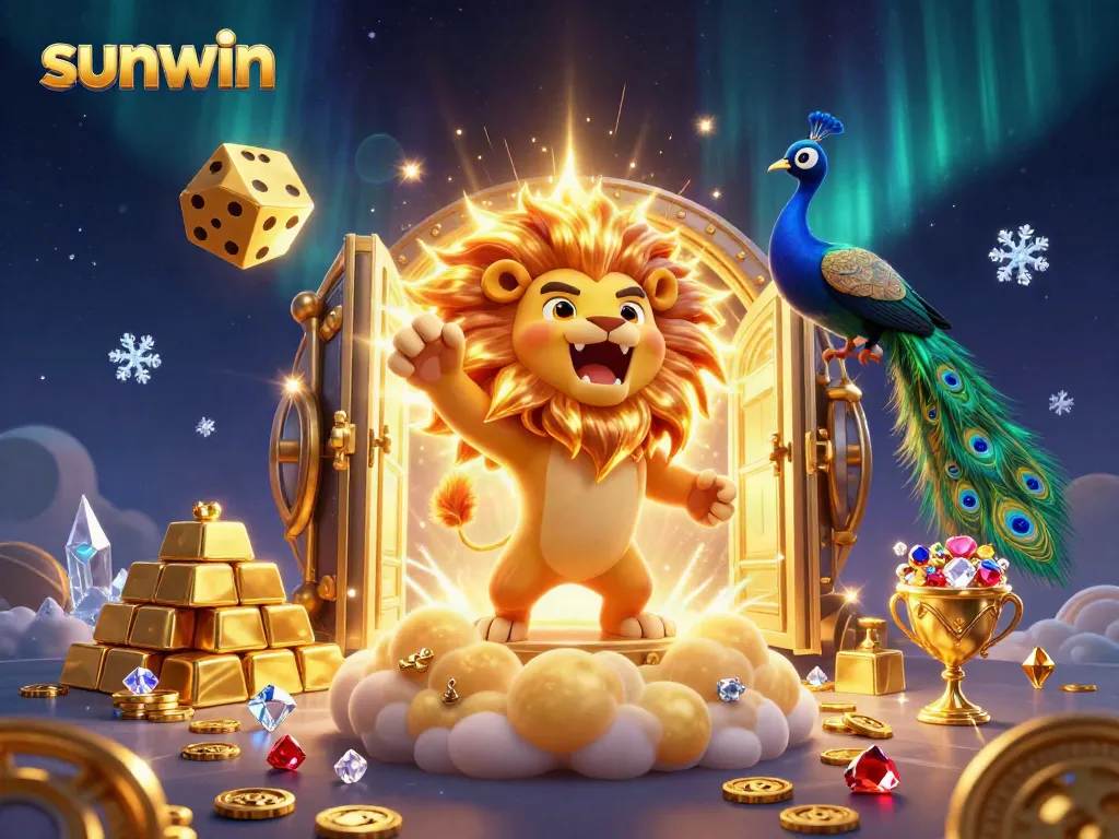 sunwin players enjoying a vibrant casino atmosphere with gold treasures, dice, and a roaring lion