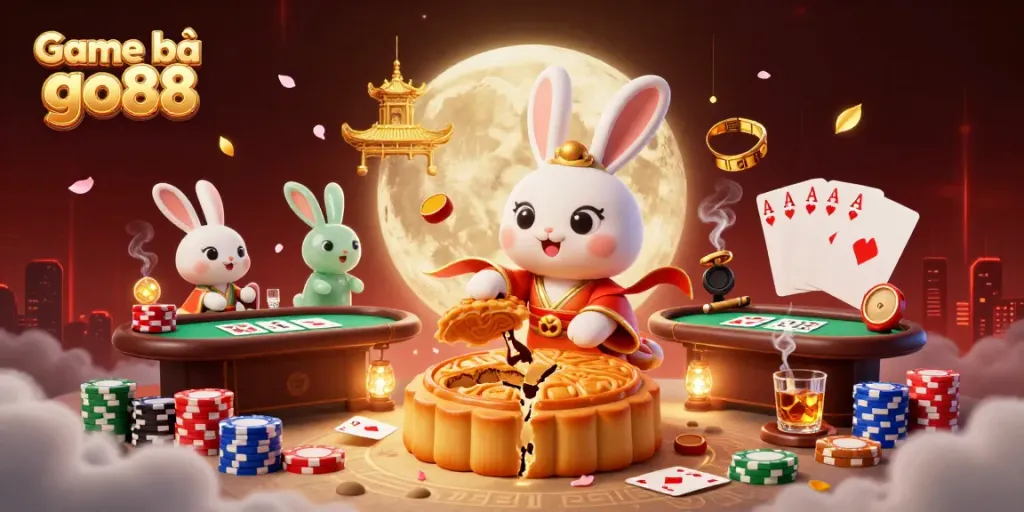 Experience excitement with Game bài go88 as mystical moon rabbits play poker surrounded by golden poker chips.