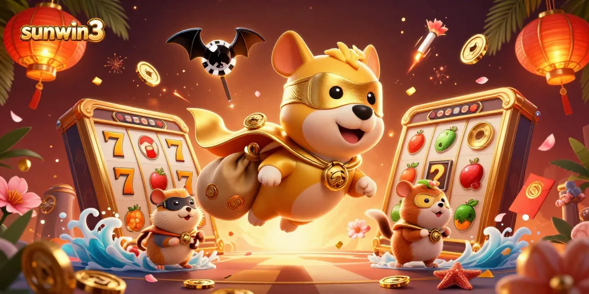 Experience thrilling gameplay with sunwin3 featuring a cartoon superhero dog and dazzling casino elements.