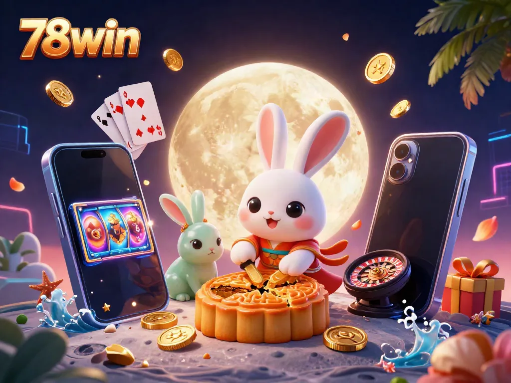 Engage with 78win's vibrant casino illustration featuring a moon rabbit with poker elements.