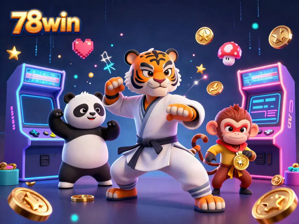 Engage with 78win's dynamic casino atmosphere featuring a kung fu tiger, panda, and monkey in a colorful gaming scene.